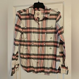 EUC So Women's/Junior's Plaid Bejeweled Flannel Shirt, White/Red/Black, Size L